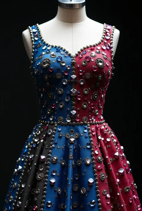 Custom-made dress
For a female with the name ritu written with diamond and the dress should alsp have blue, black,red,pink,all these diamonds work in it show this on a maniqune 

Show me the full dress 

Remove the word ritu in it now