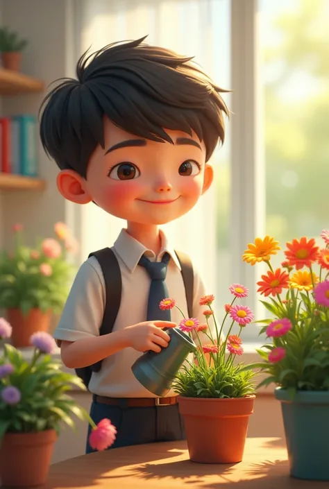 Watering ren、lovly、schoolboy、Watering the flower、There are flowers inside the pot、fresh flowers、 --auto