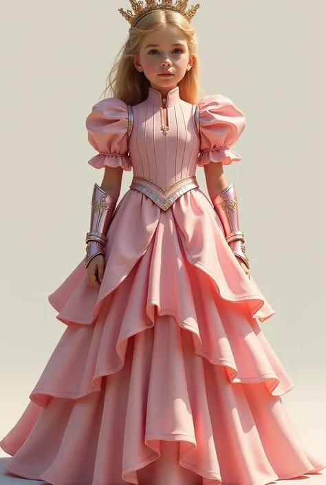 a ,  Morgan Stark , filha de Tony Stark,  with features similar to him ,  blond hair and light eyes .  She is wearing a dress of miss ,  long and armed , Bufantr ,  without cracks and light pink ,  with several layers ,  with a doll-style sneaker.  In her ...