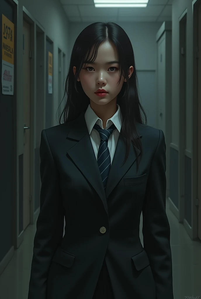 Hanni pham in a school uniform. Dark and thrilling background. Semi realistic digital art.