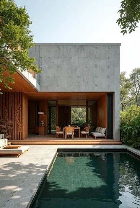 "Minimalist Thai home with concrete walls and wooden accents."
