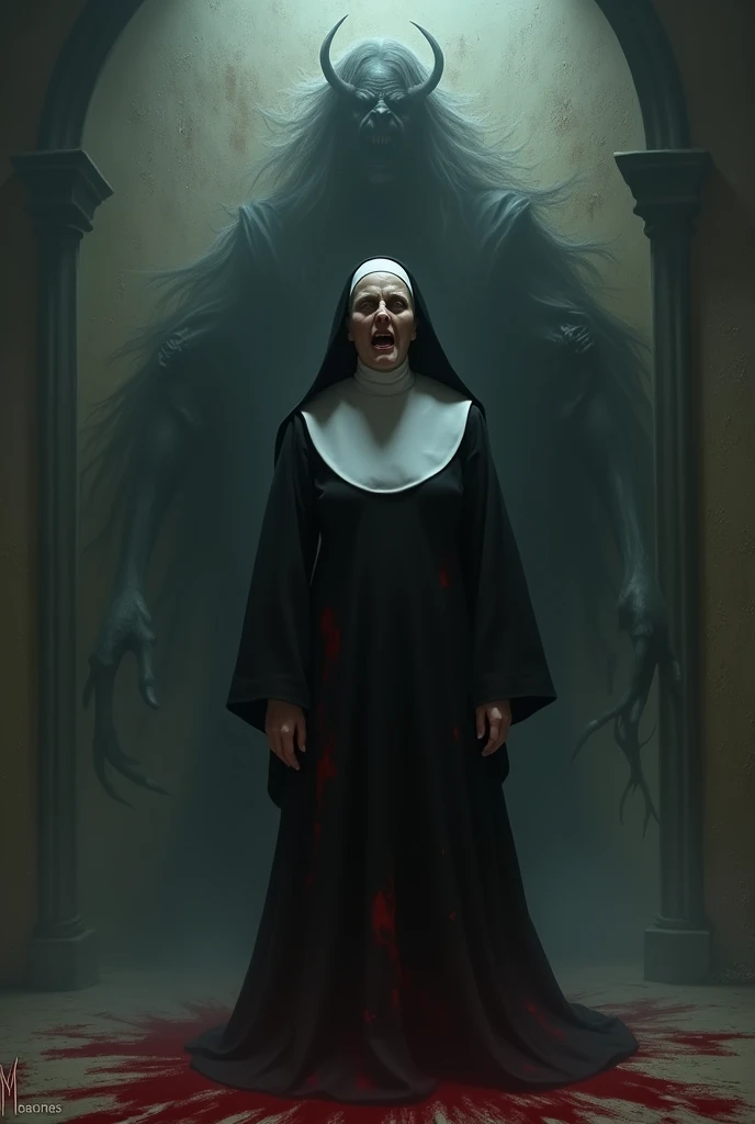 Shoe Me A nun who was possessed by a demon and behind her we see a shadow of a demon possessing her and blood is everywhere and that nun was also fainted in blood