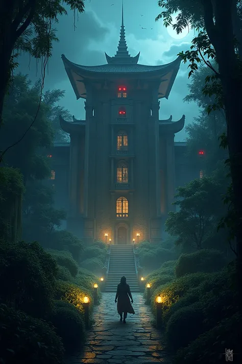 A long and big palace with a plane roof and some lanterns glowing in the palace and heavy bushes outside the palace and two pair of red eyes are glowing form the bushes and the palace is at the middle of a jungle at night  and a person is going inside the ...