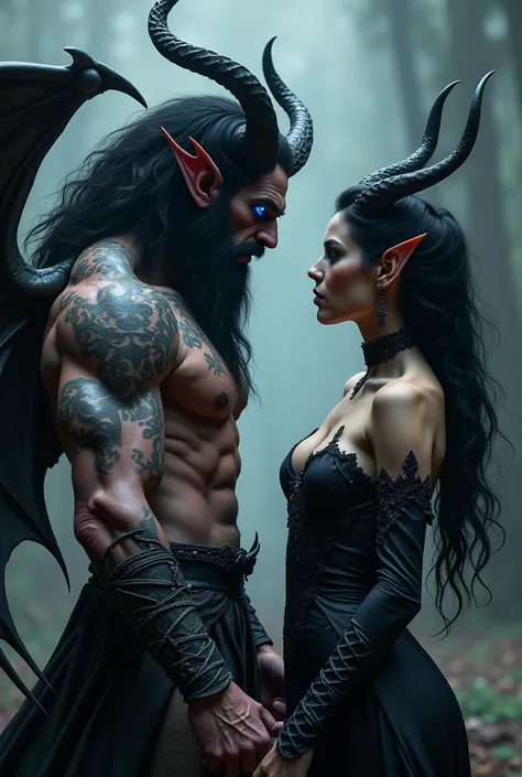 Demonic male with glowing blue eyes, horns, dark hair claws, wings, muscles
Female demonic queen with raven black hair, horns, wings, choker 
