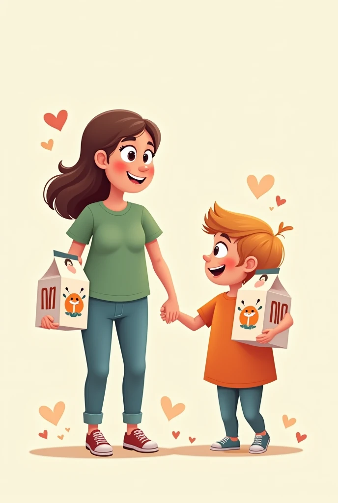 3 Cartons of milk , the mom,  daughter and son cartoon mode holding hands