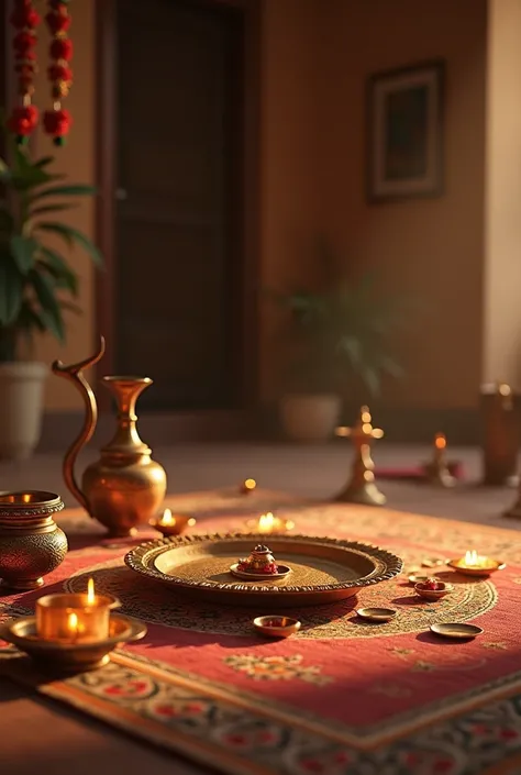 The Ritual Setup
Image Prompt: A traditional Indian setting with a floor arrangement, including a brass plate (thali), a pot (lota), and symbolic tokens or items placed carefully. Text overlay: "A special ritual is performed..."