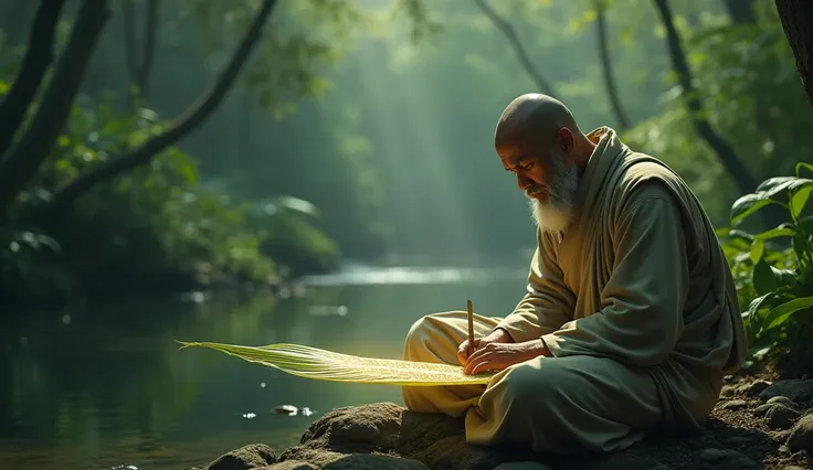 The monk writing a reflective verse on a palm leaf, the words glowing faintly, emphasizing contentment as true wealth.