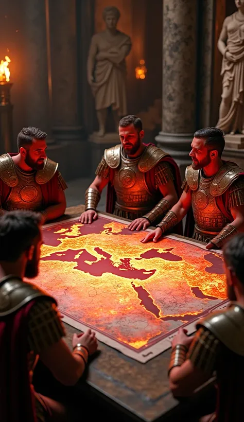 A detailed map spread across a wooden table, showing the Roman Empire at its peak. The map glows in red, highlighting Europe, North Africa, and the Middle East. Beside the map, Roman generals in armor discuss strategies, while statues of Roman gods and a b...