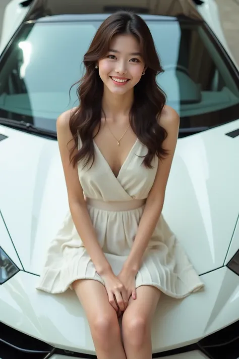 Photo of beautiful Korean teenage girl wearing elegant mini skirt sitting smiling on top of white Lamborghini full body sports car