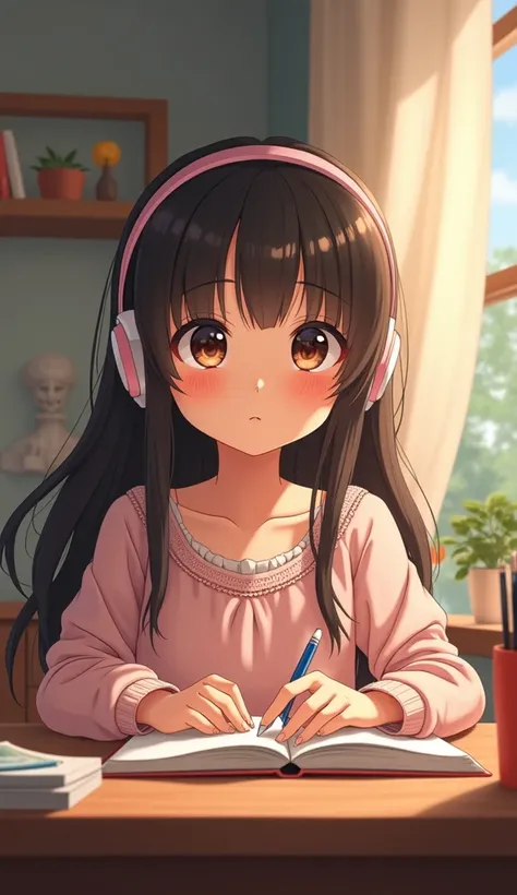 2D anime style young girl wearing headphones sitting at desk studying, warm soft lighting, simple color palette, clean linework, nostalgic relaxed atmosphere, detailed face, long eyelashes, intricate clothing folds, cozy furniture in background, (best qual...