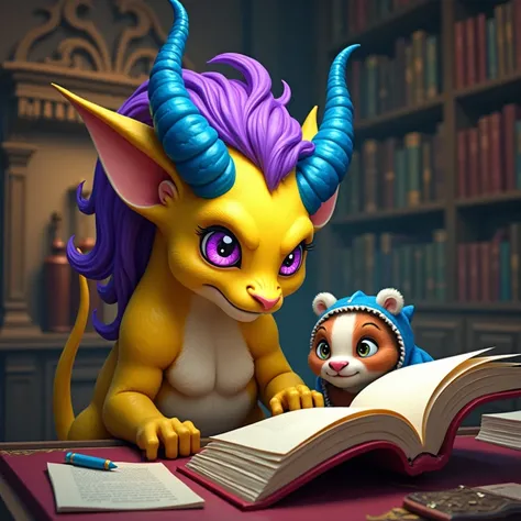 A yellow-colored gargoyle with blue horns , violet hair,  with violet eyes is reading a book inside a library next to a chubby old badger dressed as a conger