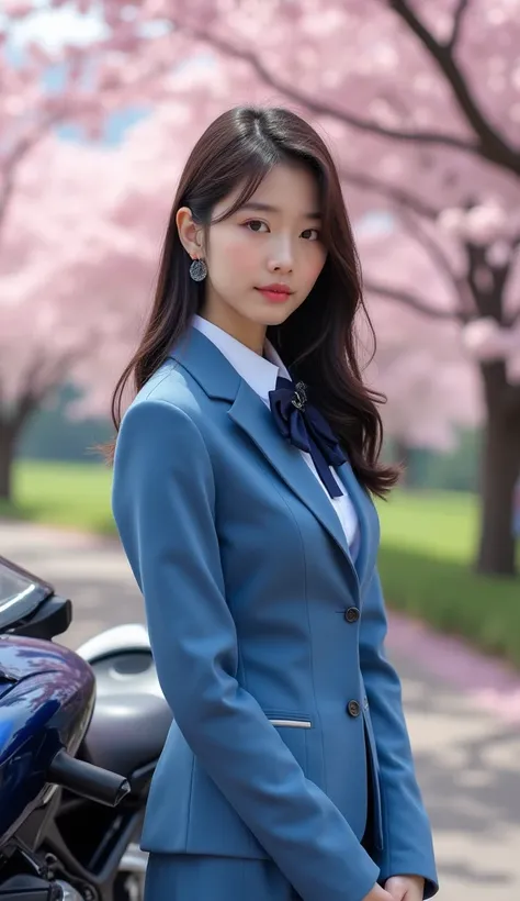 Professional photography, a beauty japannese girl wearing outfitt blue high school of javanesse girl and shoes, she is standing on side her superbike of SUZUKI GSR 1000 CC  in the garden park,with cherry blossom garden background, look beauty with natural ...