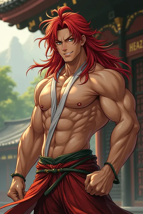 1male, red hair, long hair, green eyes, tan skin, tall, grinning, Japanese style clothes, masculine