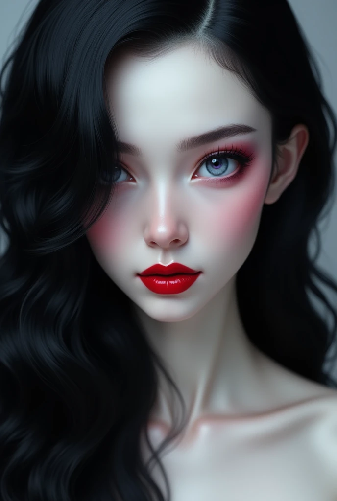  An extremely beautiful almost unrealistic woman ,  radiant pale white skin ,  long wavy jet-black hair ,  thick black eyelashes and eyebrows ,  elongated face and jaw marked with a beautiful nose {x} large almond eyes of blue color with purple specks, hig...