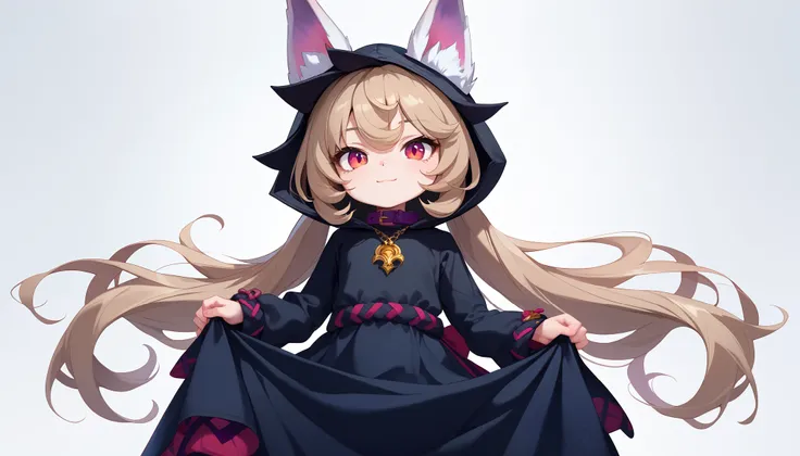 (masterpiece:1.3), (best quality:1.3), (very detailed), (anime style:0.1), game cg, anime coloring,((simple white background)),VexLoLXL,big eyes,yordle,shortstack,red eyes,((light brown hair,bangs,long hair)),shiny_skin,white_skin,white skin,black hood,hoo...