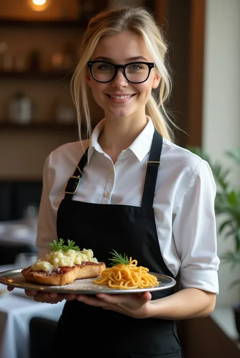 masterpiece,  high definition ,  high detail , HD model , young girl ,  blonde 21 years old , chest C ,  long hair ,  hairstyle ponytail,  strands of hair on forehead , Ukrainian woman, worked by a waiter , full height, carries a tray of food ,  wears blac...