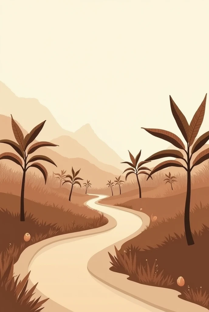 " A minimalist illustration of a cocoa orchard ,  Designed in an artistic style simple and clean line art.  Brown tone artwork of cocoa ,  focuses on calm and natural aesthetics . Smooth and neat lines ,  match the illustration style image .  Simple backgr...