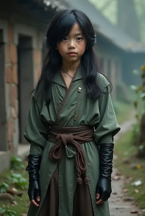 Live Action Pre teen Asian Boy With Long flowing Black Hair, Wearing a Baggy Long-Sleeved Medieval Tunic a Long Skirt, With Black Full-Fingered Leather Gloves, and Long Baggy Pants with Boots