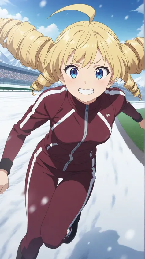 a girl, blonde, long hair, drill hair, ahoge, blue eyes, slant eyes, narrow eyes, hopeful, grinning, maroon sportswear long pants, maroon sportswear, Black platform boots, running at full speed, Snow Scene, racetrack, Winter racecourse background, anime, i...