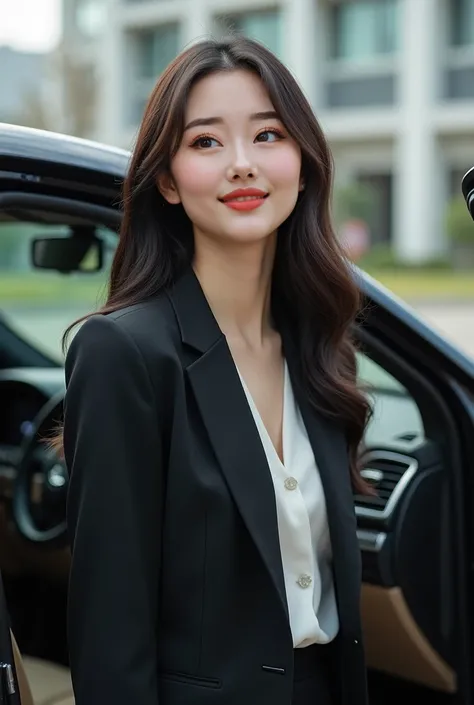 A 22 years korean girl, standing with open car door, smiling, gorgeous women, wearing official suit, emotional smile