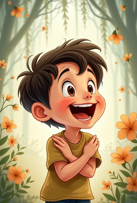  drooling and with an ecstatic expression 。A boy with his hands crossed beside his face 。 make an illustration with a taste like an old Disney anime。