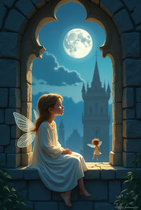  with a girl in a nightdress sitting on a chair by the castle window at night、Little fairy boy flying beside him 