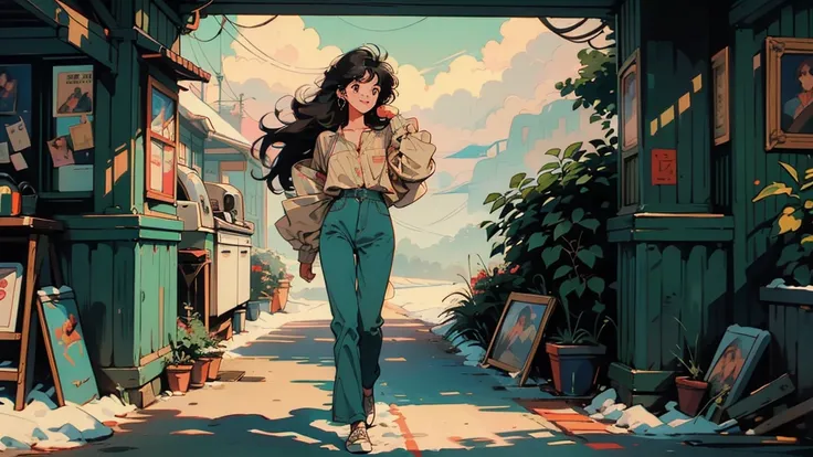  Max Image,  1980s style animation of walking around the room with a smile　The morning sun shines　 with a smile部屋の中を歩く　indoor　table　kitchen　stage　 black hair,  long hair,  light brown eyes, Snow White Skin　 beautiful scenery　Full body view 　Im holding my h...