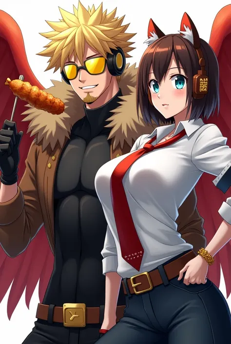 1boy, belt, black footwear, black gloves, blonde hair, bodysuit under clothes, boots, brown jacket, brown pants, face hair, feathered wings, full body, fur-trimmed jacket, fur trim, gloves, goatee, hawks (boku no hero academia), headphones, jacket,, male f...