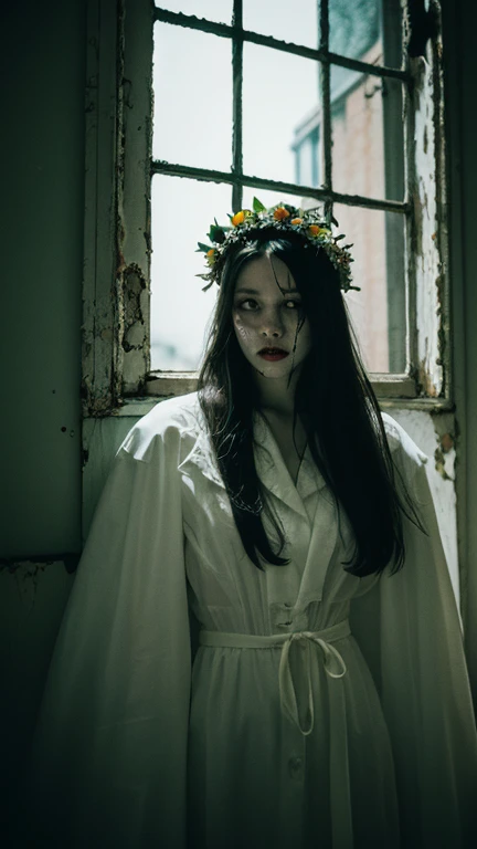 Ghost of a white witch in an abandoned house at night. 1989 film still. Solo, High Resolution, Long Hair, Black Hair, Accurate, Anatomically Correct, Best Quality, High Details, Super Detailed, Very Long Hair, Bloodshot Eyes, black eyes, white flower crown...