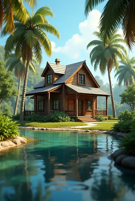 Rustic farmhouse surrounded by palm trees and a tranquil pond.