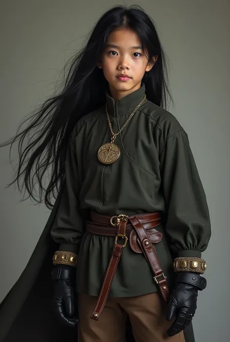 Live Action Pre teen Asian Boy With Long flowing Black Hair, Wearing a Baggy Long-Sleeved Medieval Tunic a Long Skirt, With Black Full-Fingered Leather Gloves, and Long Baggy Pants with Boots. Wearing a Magic Amulet