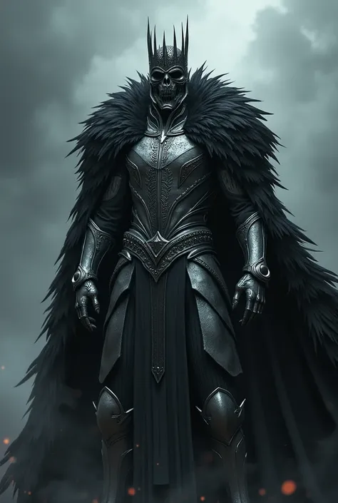 An evil king in silver clothing , Very large, sharp black crown and a cape made of raven feathers 