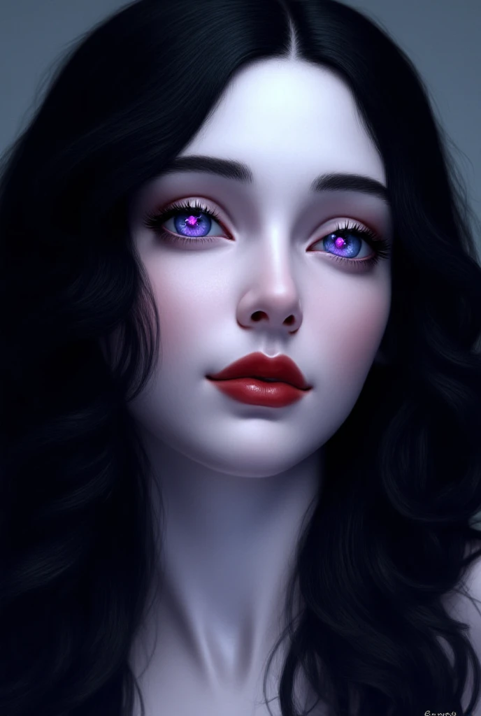  Imagine a woman whose Beauty seems to defy reality .  Her skin is pale white , almost ethereal,  with a soft glow that seems to emanate from inside . Her hair is long and wavy,  as black as the deepest night ,  falling into soft curls that shine slightly ...