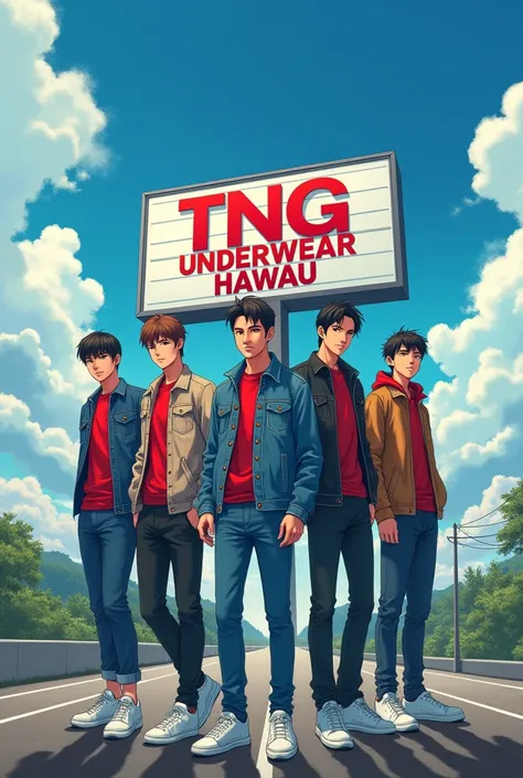 five Malay man Wearing red shirt with denim jacket Wearing jeans and Wearing white sneaker standing at car like film intial D japan theme white backgroud sky blues and beauty cloud with big 3D signbord word name " TNG Underwear Hawau " at backgroud. "TNG U...