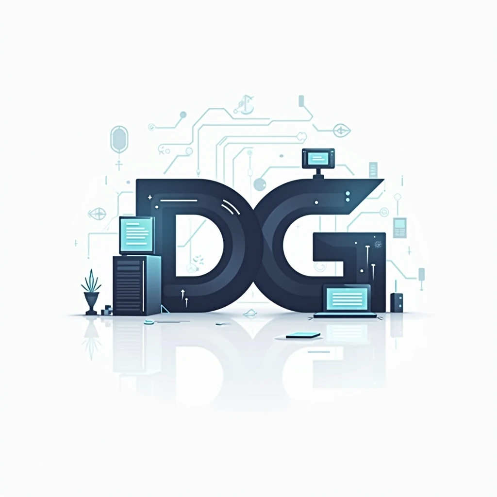 Create a logo "DG"  with technology theme, Handphone, Laptop, cpu, And Network 