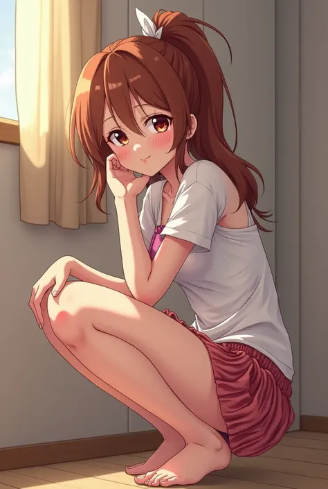 A beautiful anime woman who poops while squatting and gets shit out of her ass
