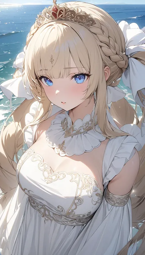 ,(( best quality))),8k,((  Masterpiece )),( Extremely Sophisticated and Beautiful ), A girl emerges from the sea,  the swan princess in Russian mythology , Beautiful calm face,  blue eyes,  long blonde hair braided , Moon braid at the back of the head,  wh...