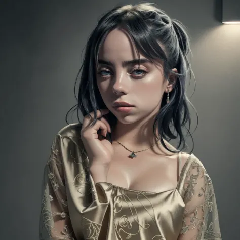  Very detailed photograph of a girl, Billie Eilish.,, professional,  photograph,  excellent lighting , Flawless, precision, rich colors,  deep shadows , clarity,  High resolution, Sharp as a razor, composition, light and shadow, eternal beauty, captivated,...