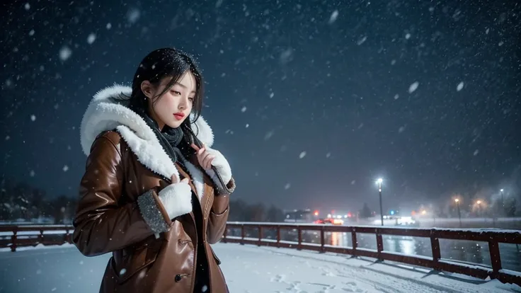  beautiful woman 、 holding a coat feather in his hand,  looking at the sky、Early morning、((snowstorm))、(( medium big breasts ))、((Its snowing a lot ))、(((figure)))、 Photorealistic 