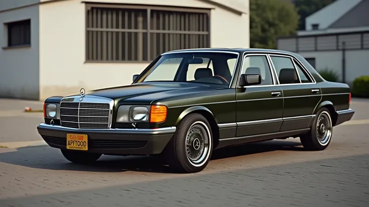 Mercedes Benz S300D year 1979 sedan,  color olive matt military green ,  with gold plates and red number.  conventional tires , simple wheels ,hyperreal photographic image