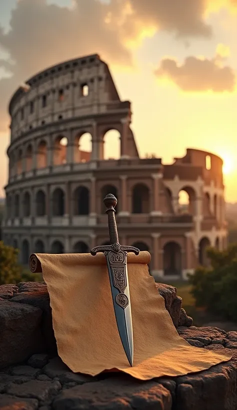 A symbolic image of the Roman Colosseum at sunset, half in ruins and half restored, showing the dual legacy of glory and decline. A scroll with Roman laws and an ancient sword are placed in the foreground, symbolizing lessons of leadership and resilience.
