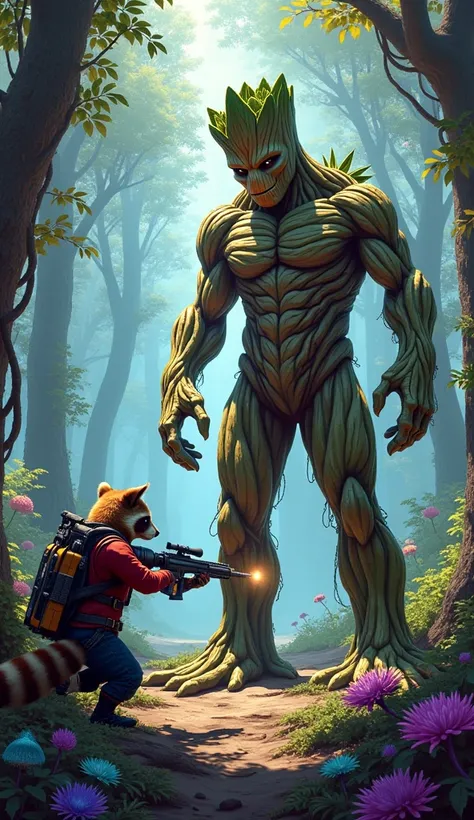 Groot vs. Rocket Raccoon**
- **Image 1 Prompt:** A lush alien forest, Groot standing tall and proud, while Rocket is crouched with a blaster, ready to spring into action.