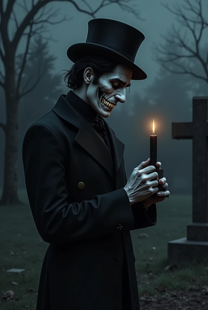  White man with teeth in front crying ,  black hair, black hat, wearing black Victorian clothing at night ,   holding a black candle  ,  looking at the grave teeth in the mouth forward