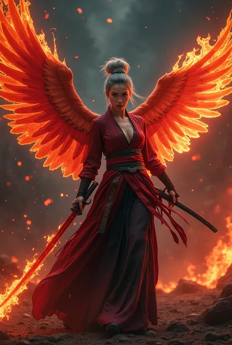 create a very realistic and detailed full body portrait image, beautiful eagle wings samurai woman, gray messy updo hair, holding a flaming katana, hell with red fire background, Style, HD, masterpiece, best quality, very detailed, very realistic. both eye...