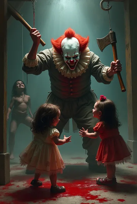 Show me a creepy clown taking an axe in his hand lifting up and killing two girls and behind that clown he hangs a girl in opposite direction in a hook and blood is everywhere 