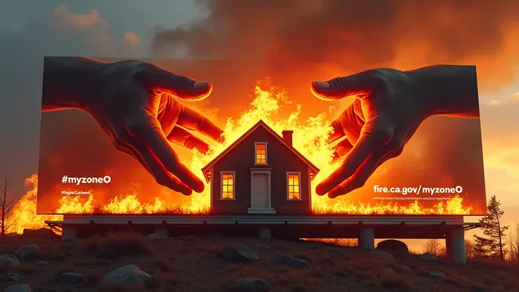 Make a billboard ad, that shows a house being PROTECTED BY hands from a fire. Isolate the house and hands from the fire. Include the #MyZone0 and fire.ca.gov/myzone0 somewhere on the billboard