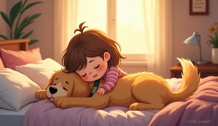  A tired  and shivering cartoon golden retriever with a fluffy coat, wagging tail,( belt with a collar named GOLDIE and address) is  cuddling up with a little cartoon girl in a cozy bed inside a room
