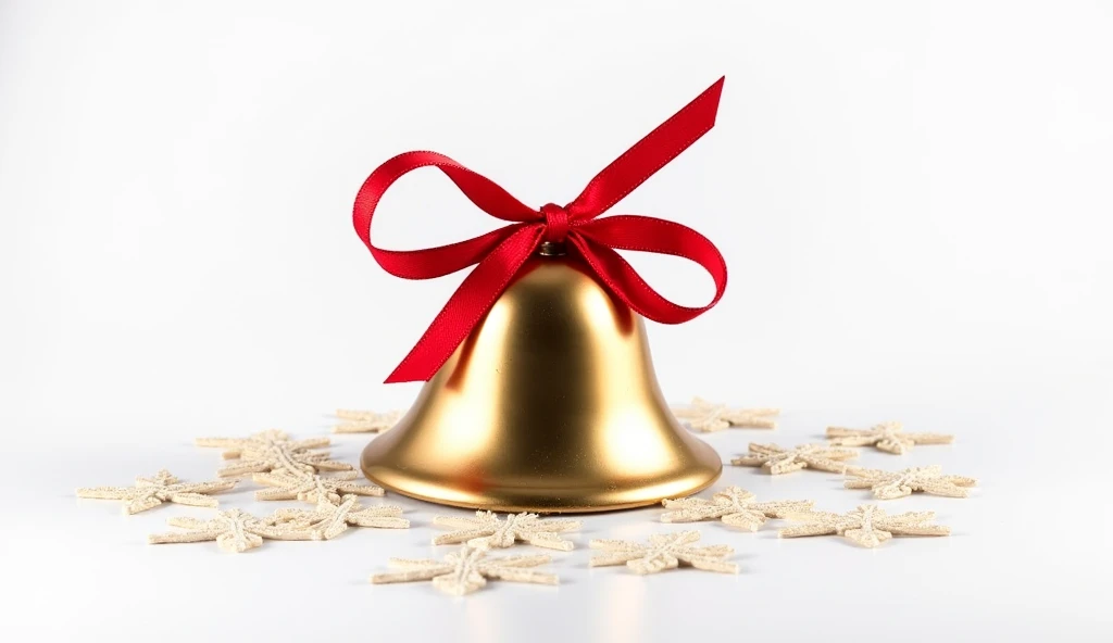 A shiny golden bell with a red ribbon tied around it, placed elegantly on a white background, surrounded by a scattering of tiny artificial snowflakes.
A shiny golden bell with a red ribbon tied around it, placed elegantly on a white background, surrounded...