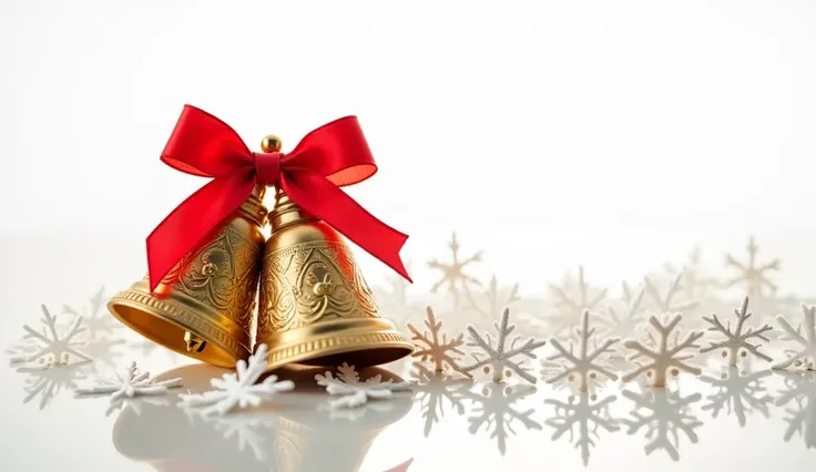 A shiny golden bell with a red ribbon tied around it, placed elegantly on a white background, surrounded by a scattering of tiny artificial snowflakes.
