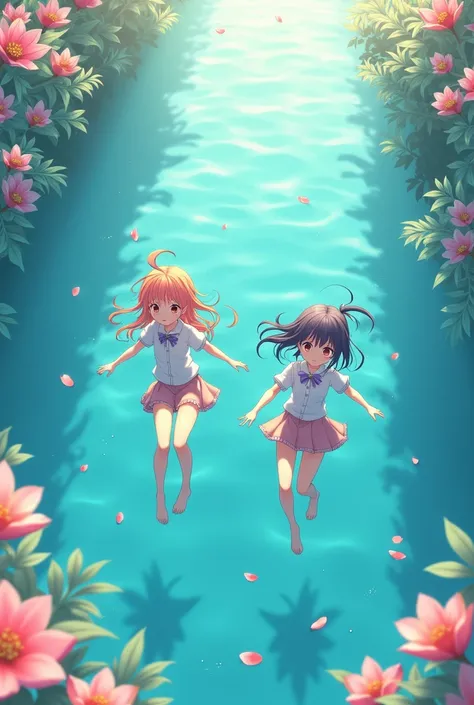 Anime twins beautiful elementary school students 、 Im swimming in a floral micro bikini swimsuit in the ocean